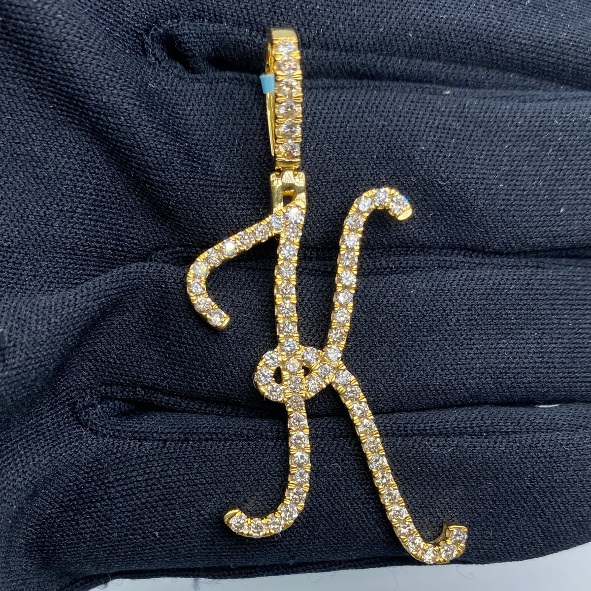 14K Gold Initial K Large Script Diamond Pendant in yellow gold - close-up product photo