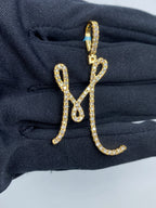 14K Gold Initial M Large Script Diamond Pendant in yellow gold - close-up product photo