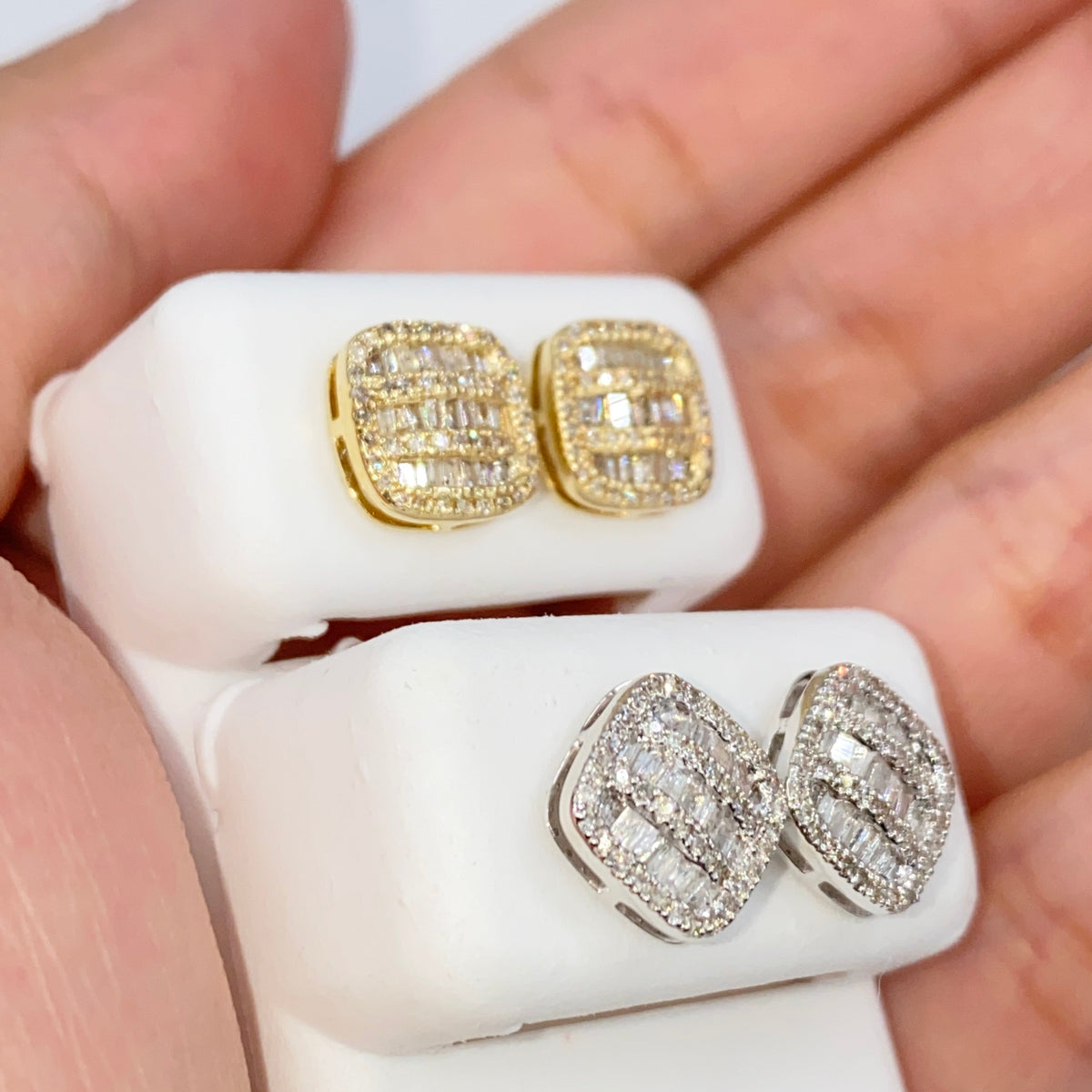 14K Gold 8.7mm Rounded Square Baguette Diamond Earrings - additional product view 6
