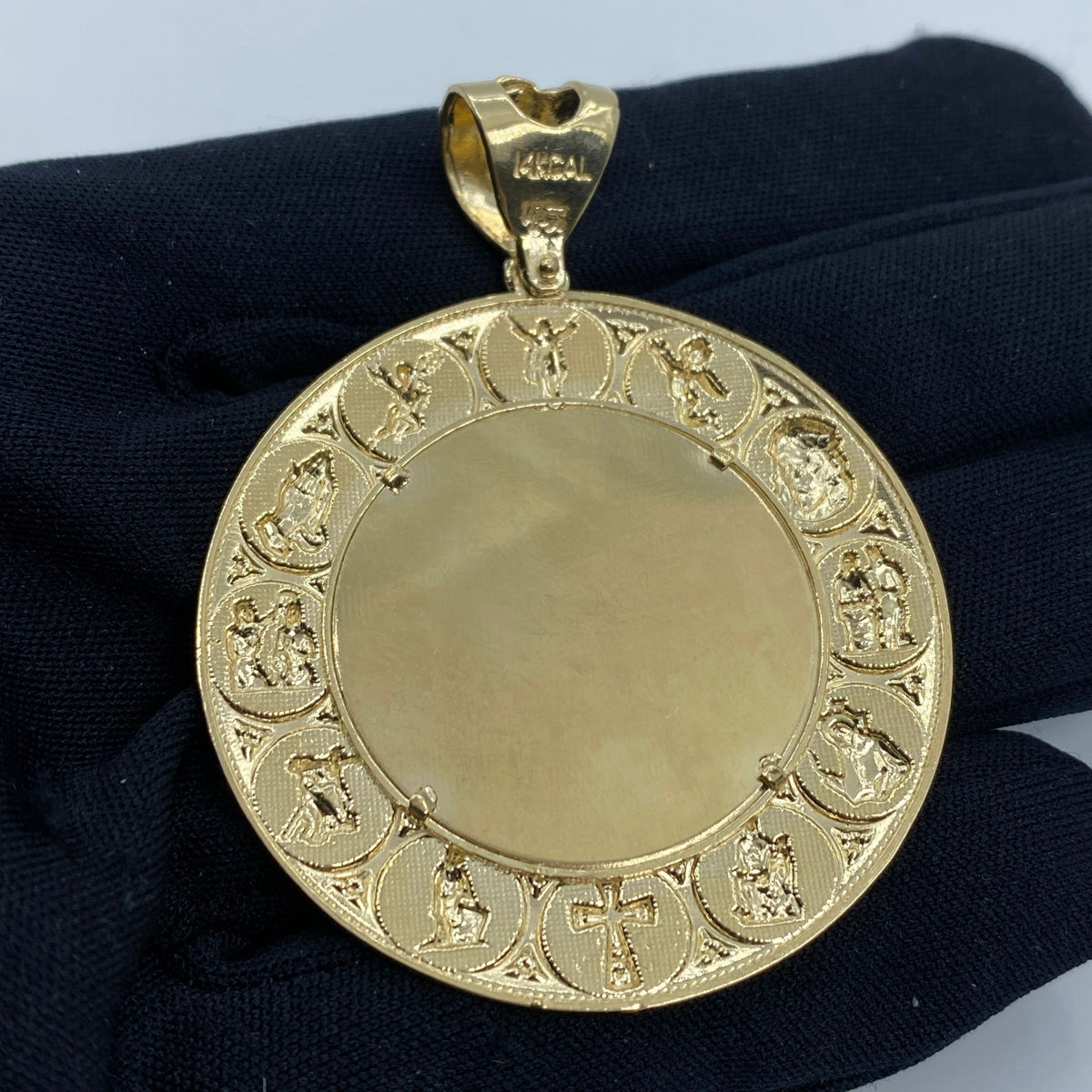 14K Gold Jesus Save Us Circle Picture Photo CZ Pendant - additional product view 4