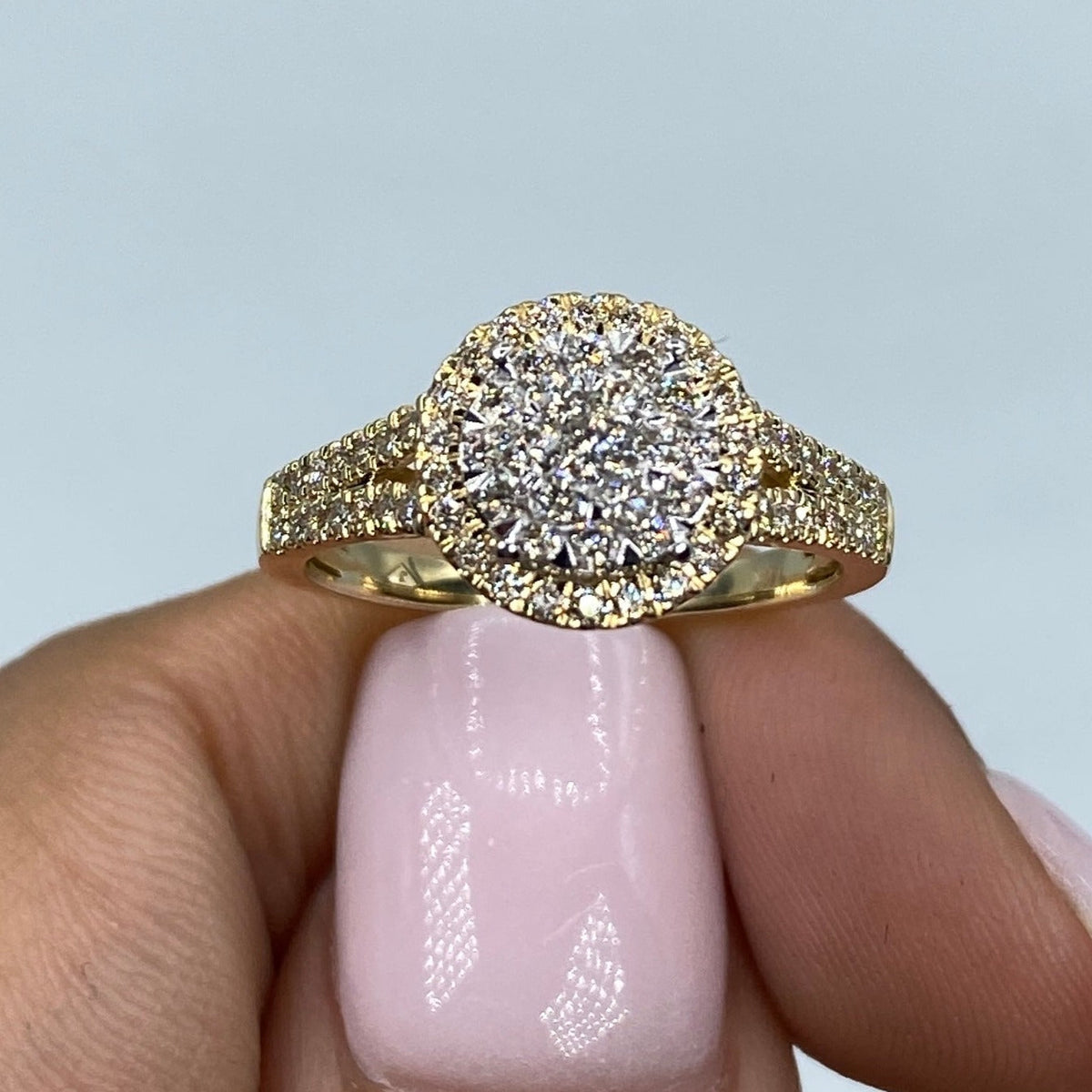 14K Gold Circle Halo Diamond Ring in yellow gold - close-up product photo