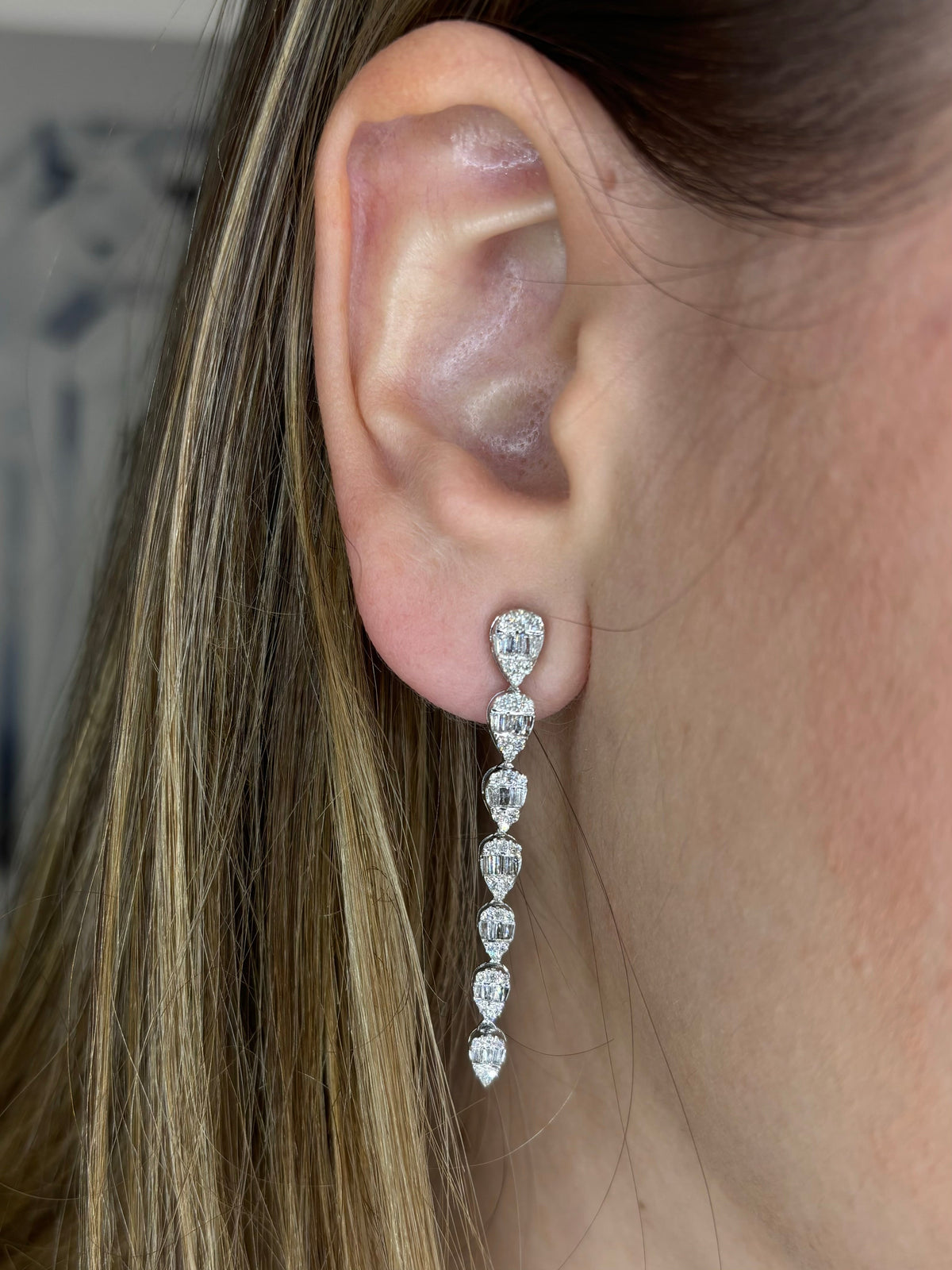 14K Gold Bridal Small Graduated Baguette Tear Drop Diamond Earrings - additional product view 4