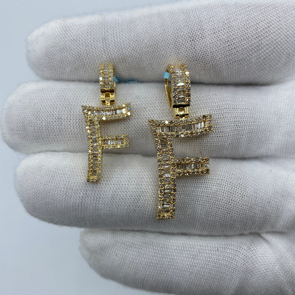 14K Gold Bamboo Initial Letter Diamond Baguette Pendants Full Collection in yellow gold, Small - close-up product photo