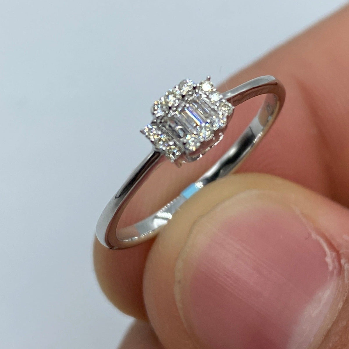 14K Gold Minimal Diamond Baguette Engagement Ring in white gold - close-up product photo
