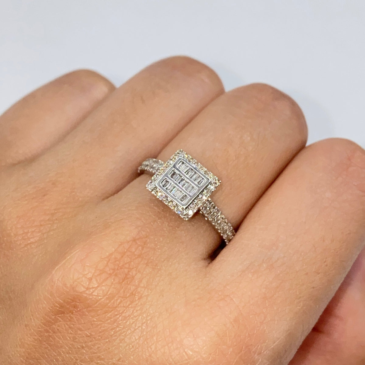 14K Gold Square Diamond Baguette Engagement Rings in white gold - close-up product photo