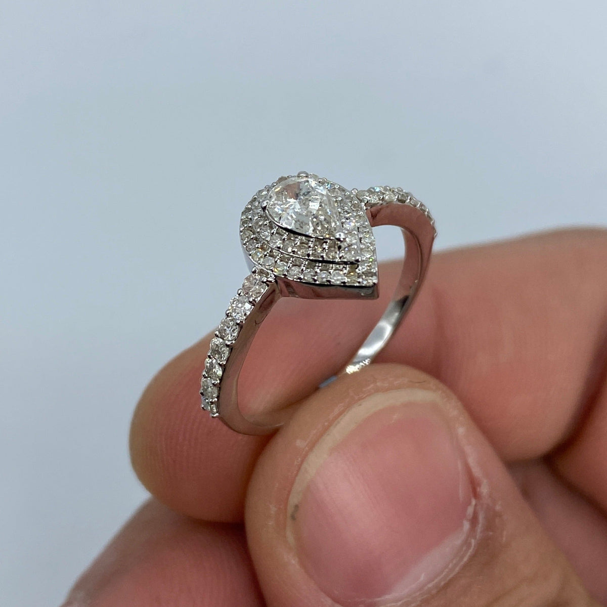 14K Gold Pear Shape Large Center Stone Diamond Engagement Ring in white gold - close-up product photo
