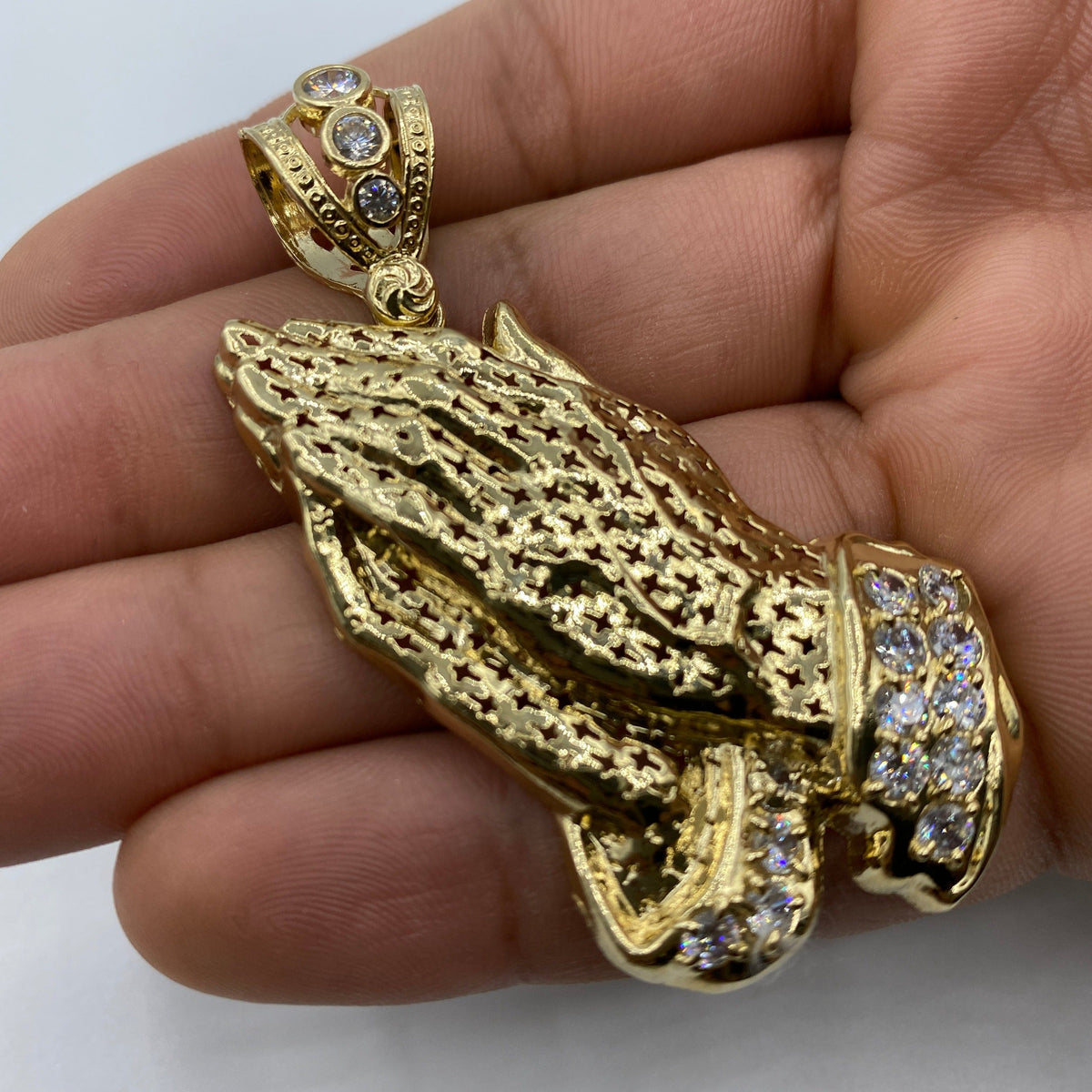14K Gold Praying Hands Pendant 2.5 in - additional product view 5