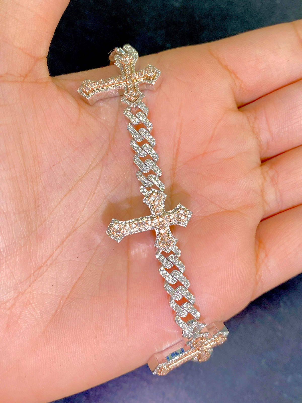 10K Gold Cuban Trefoil Cross Diamond Bracelet in white gold - close-up product photo