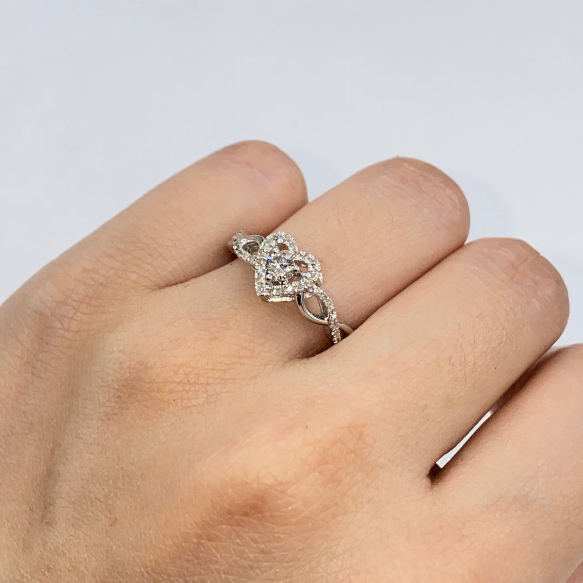 14K Gold Infinity Heart Diamond Engagement Ring in white gold - close-up product photo