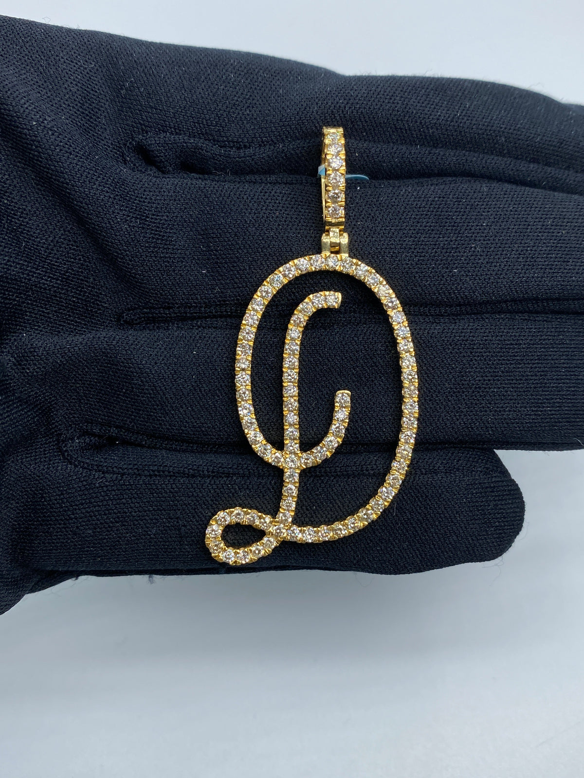 14K Gold Initial D Large Script Diamond Pendant in yellow gold - close-up product photo
