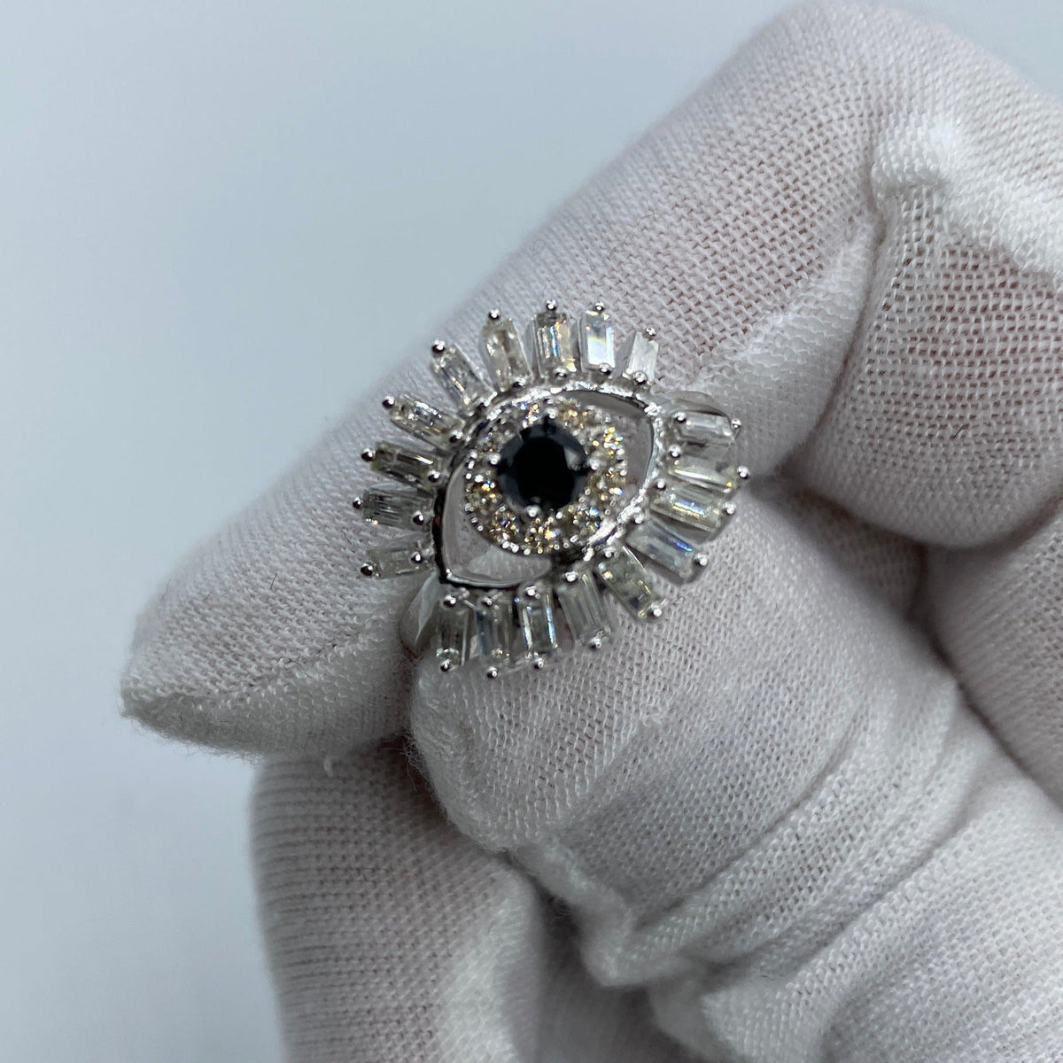14K Gold Lady Evil Eye Baguette Diamond Ring in white gold - close-up product photo