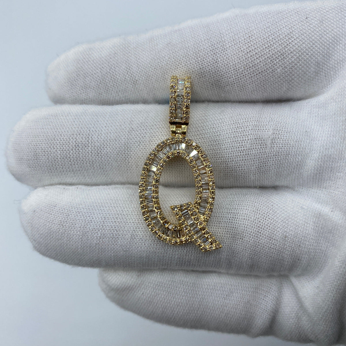 14K Gold Initial Q Diamond Baguette Pendant in yellow gold, Large - close-up product photo