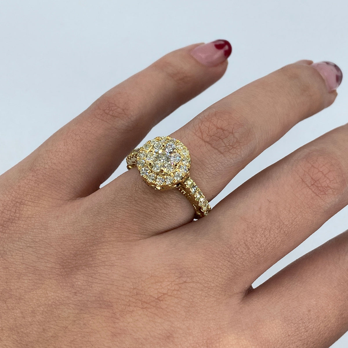 14K Gold Amore Halo Circle Diamond Engagement Rings in yellow gold - close-up product photo