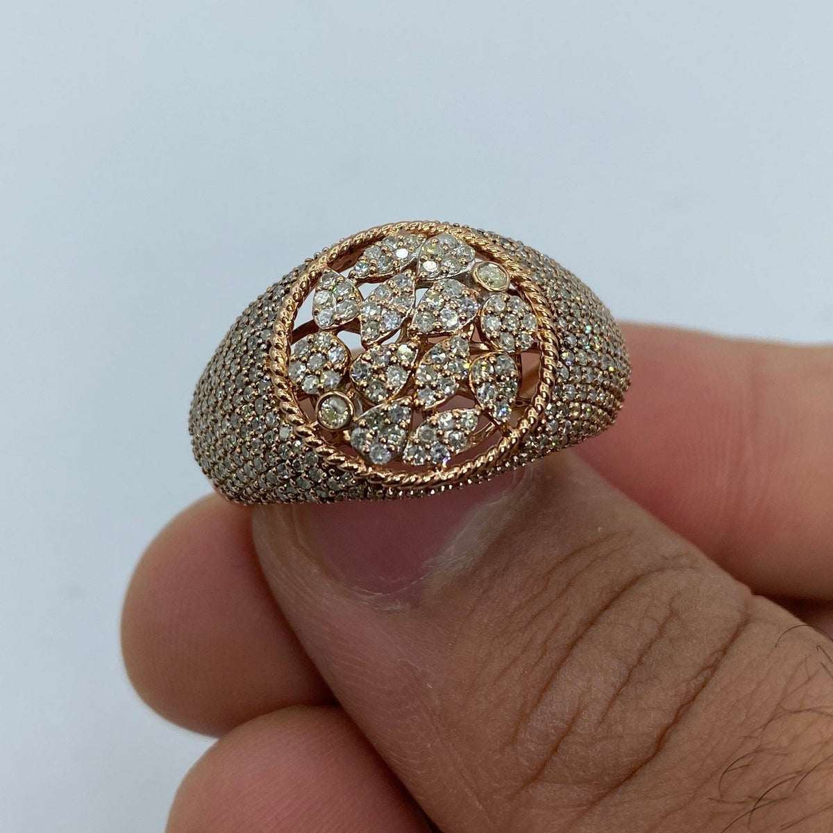 10K Gold Floral Round Diamond Ring in rose gold - close-up product photo