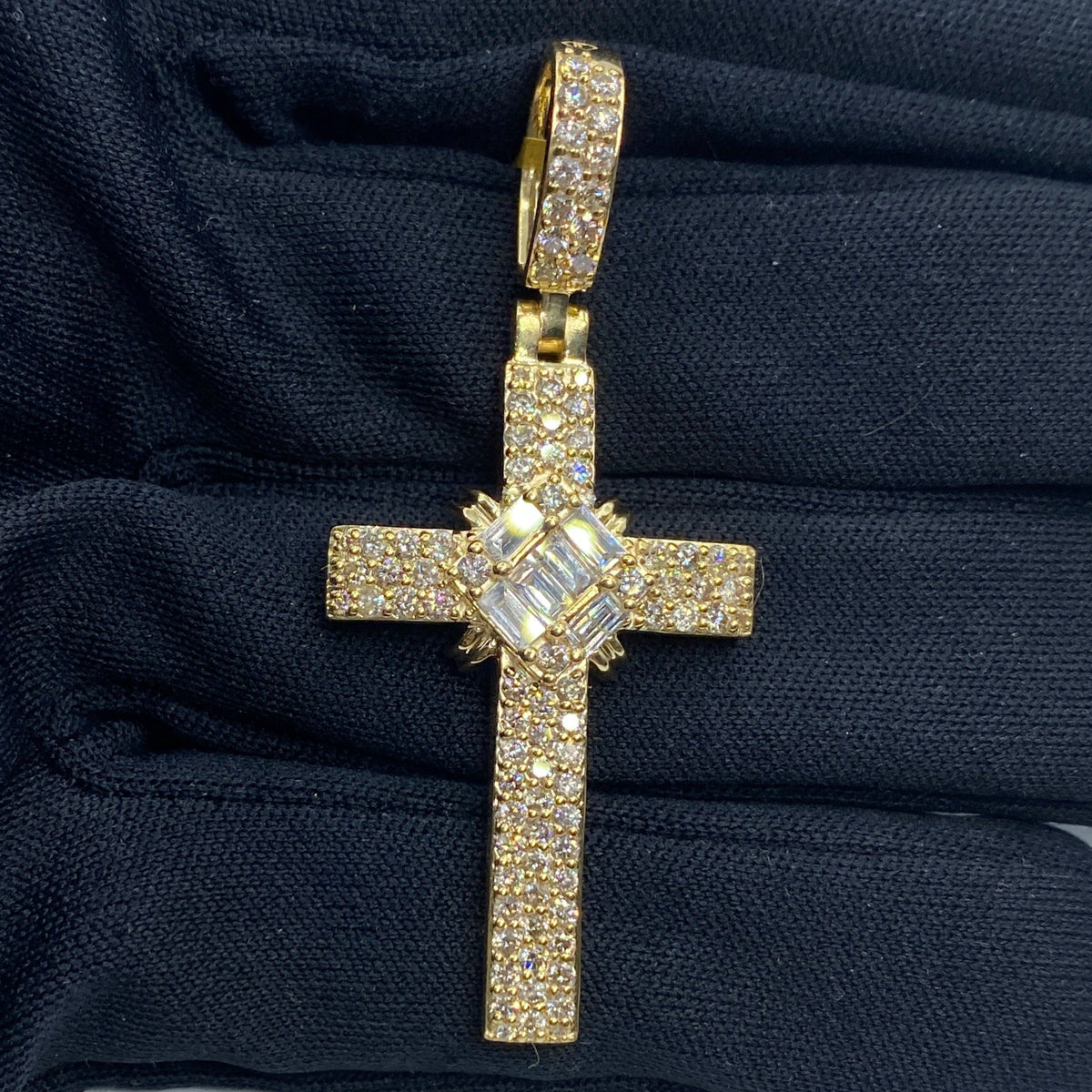 10K Gold Cross Diamond Baguette Pendant in yellow gold - close-up product photo