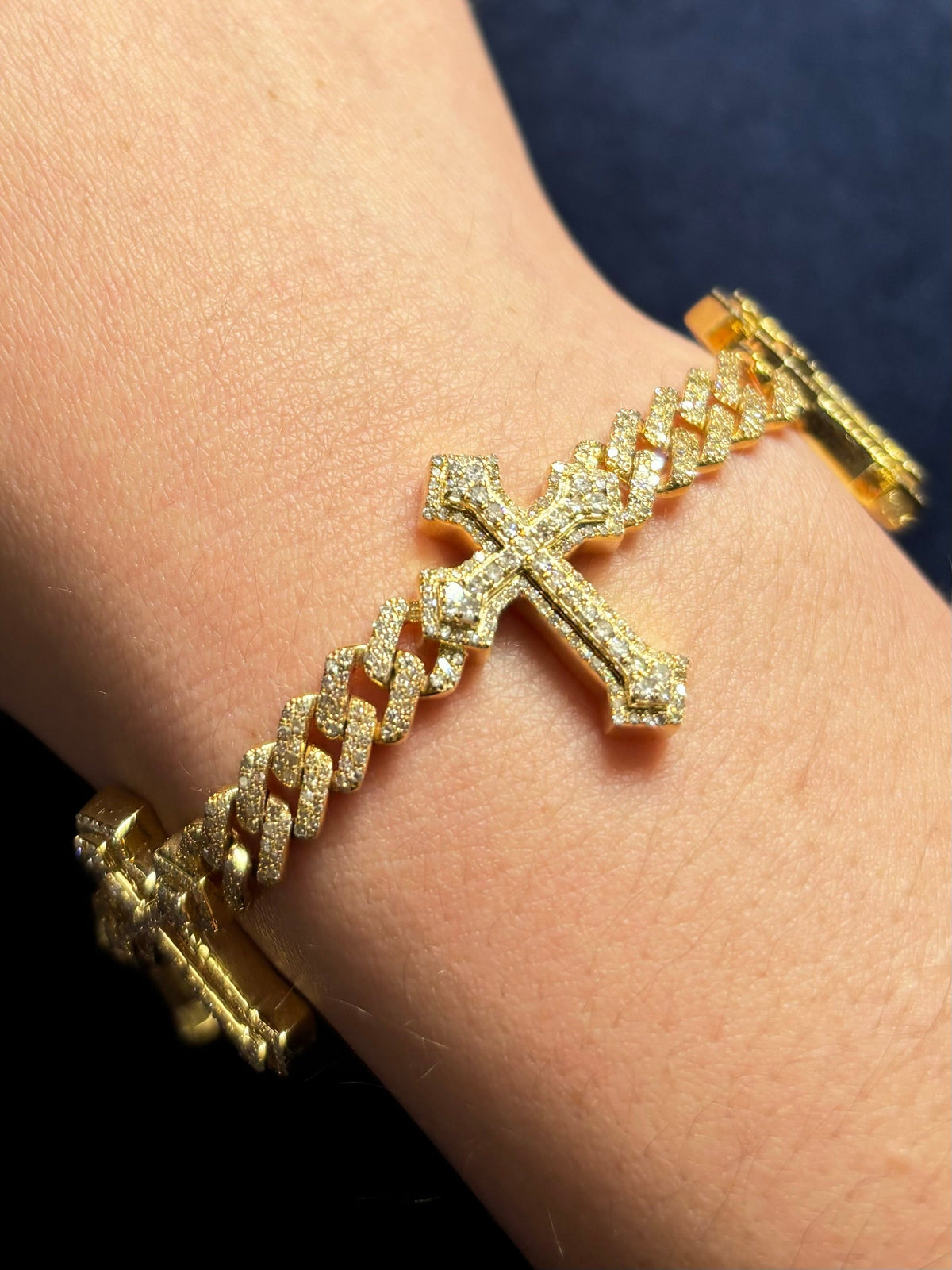 10K Gold Cuban Link Cross Diamond Bracelet in yellow yellow - close-up product photo