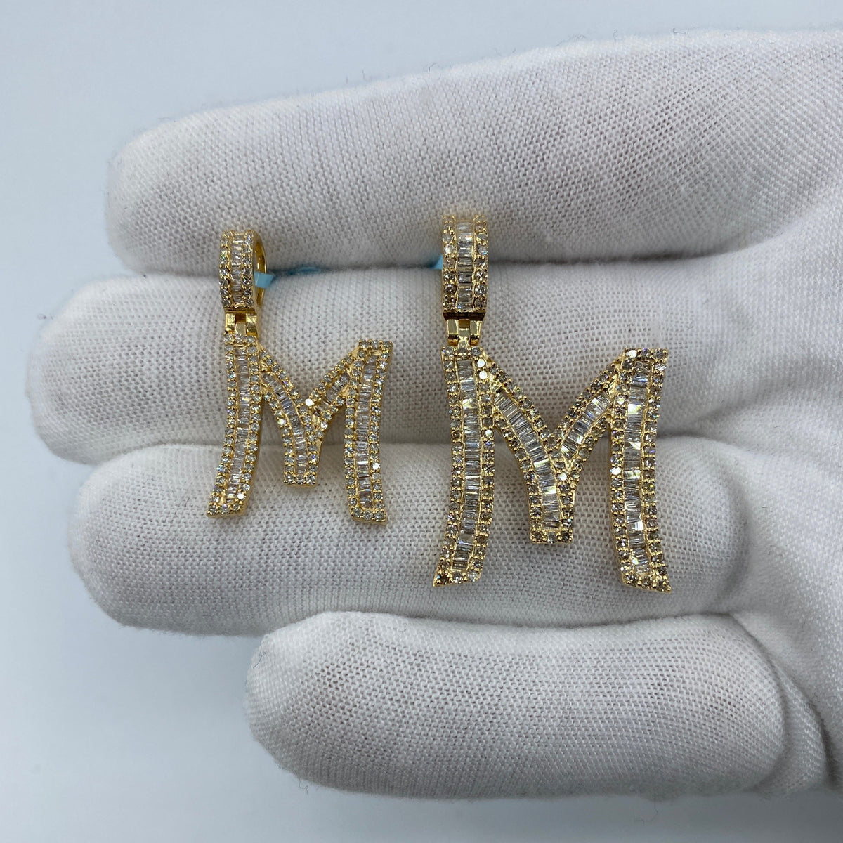 14K Gold Bamboo Initial Letter Diamond Baguette Pendants Full Collection in yellow gold, Small - close-up product photo