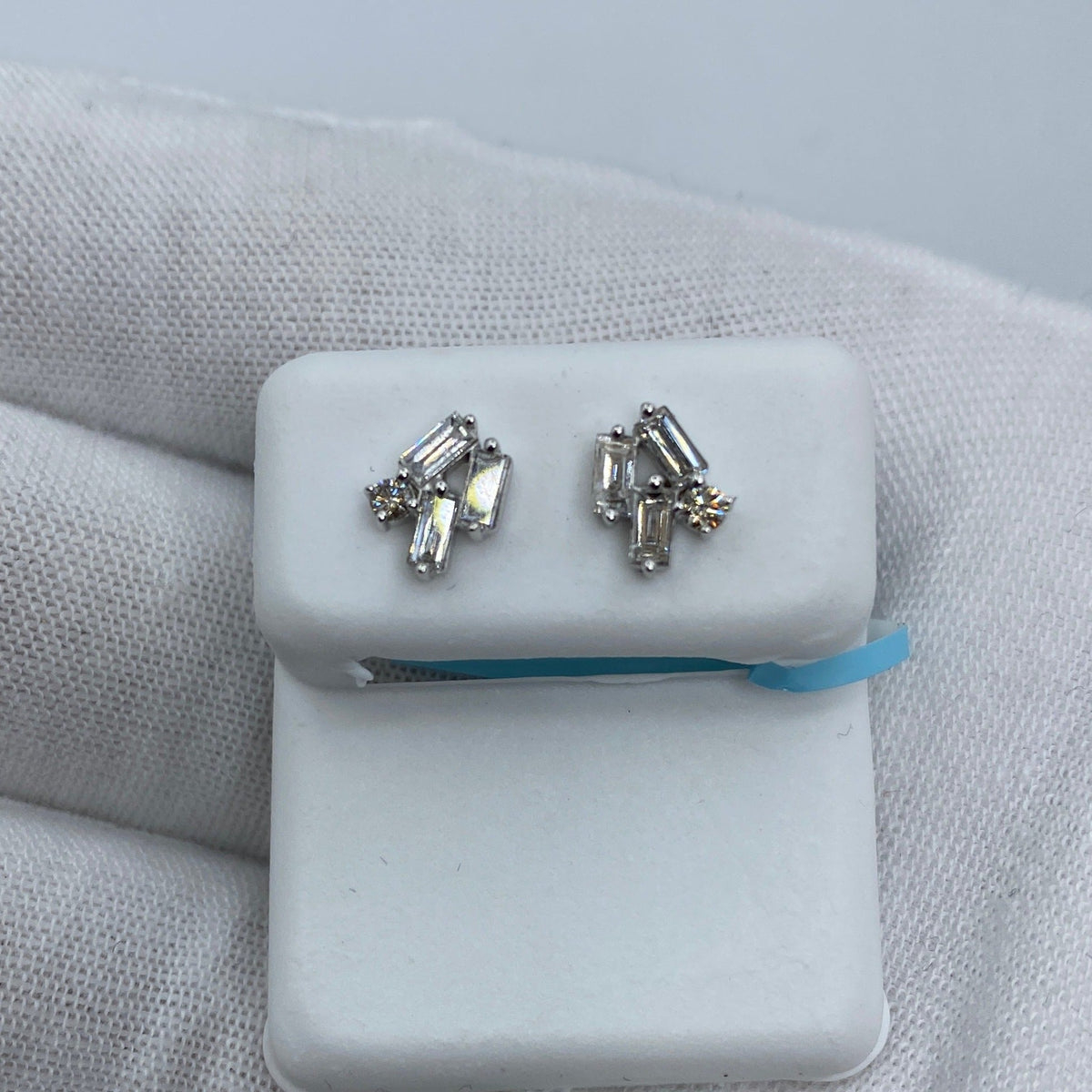 14K Gold Crystal Diamond Baguette Earrings in white gold - close-up product photo