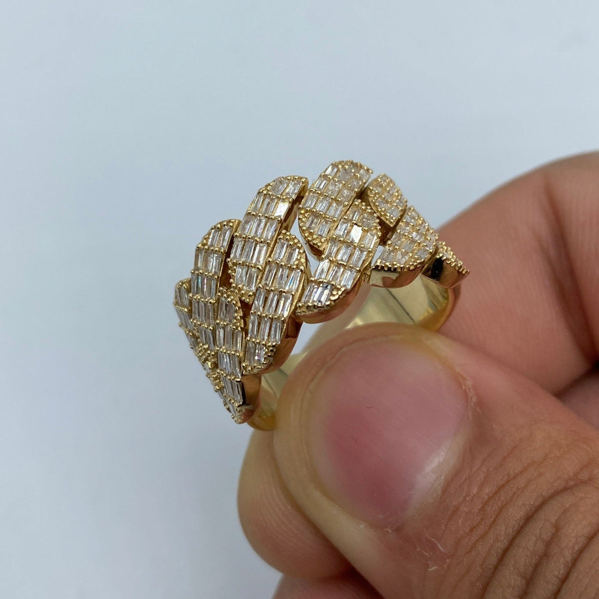 14K Gold 13mm Snake Cuban Link Diamond Baguette Ring in yellow gold - close-up product photo