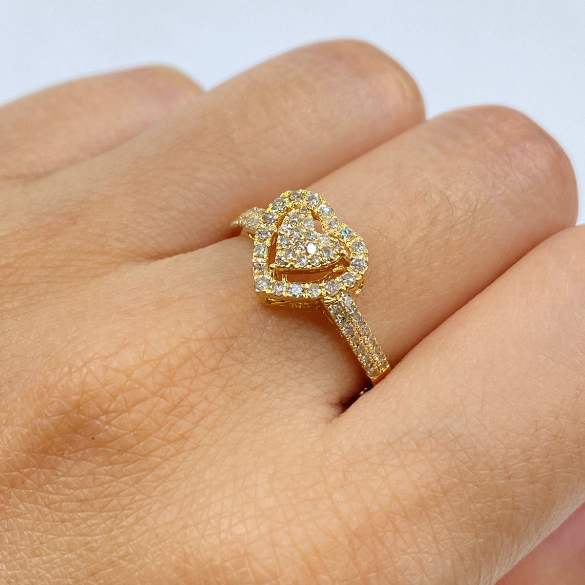 14K Gold Rare Heart Halo Diamond Ring in yellow gold - close-up product photo