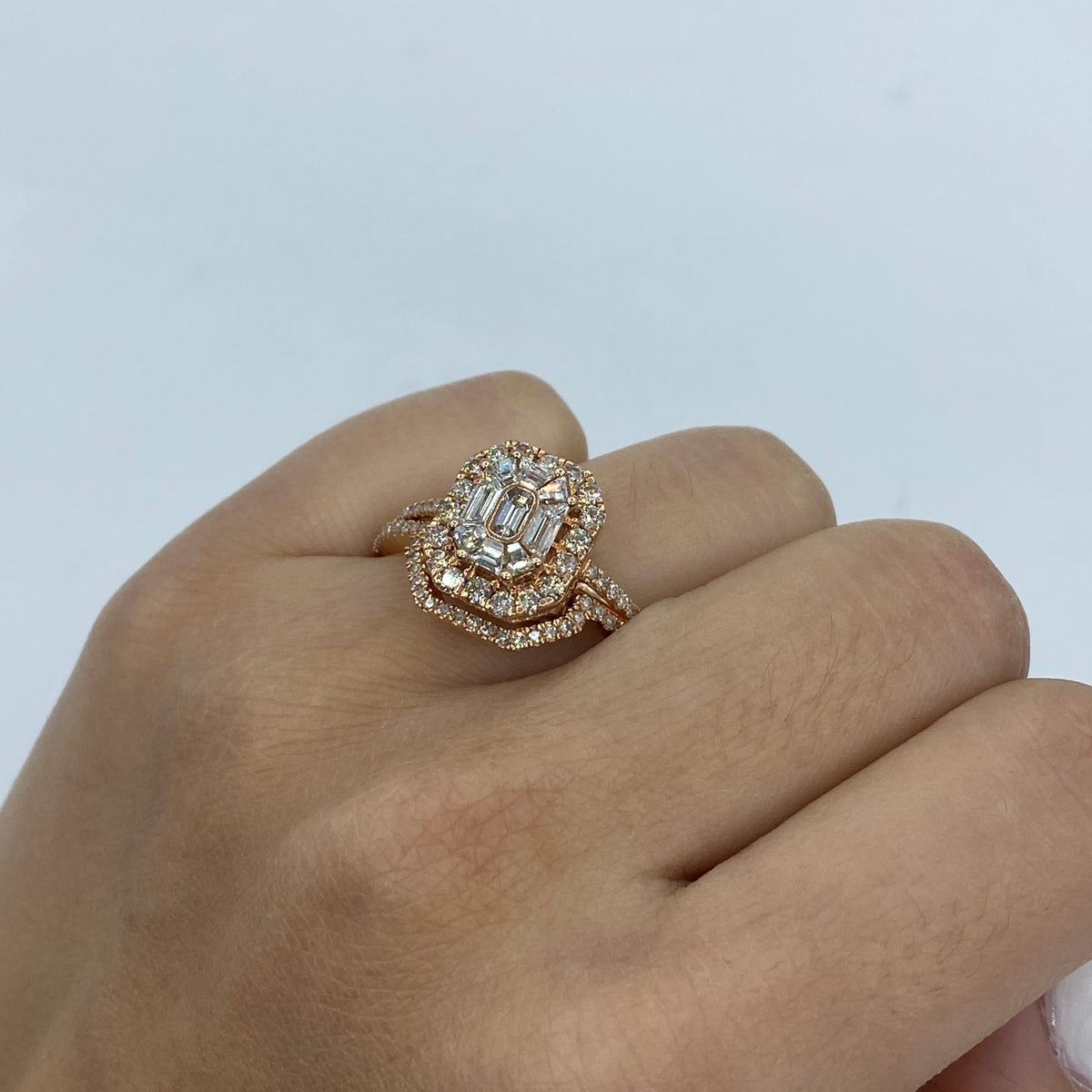 14K Gold Jumbo Rectangle Stacked Diamond Baguette Engagement Ring in rose gold - close-up product photo