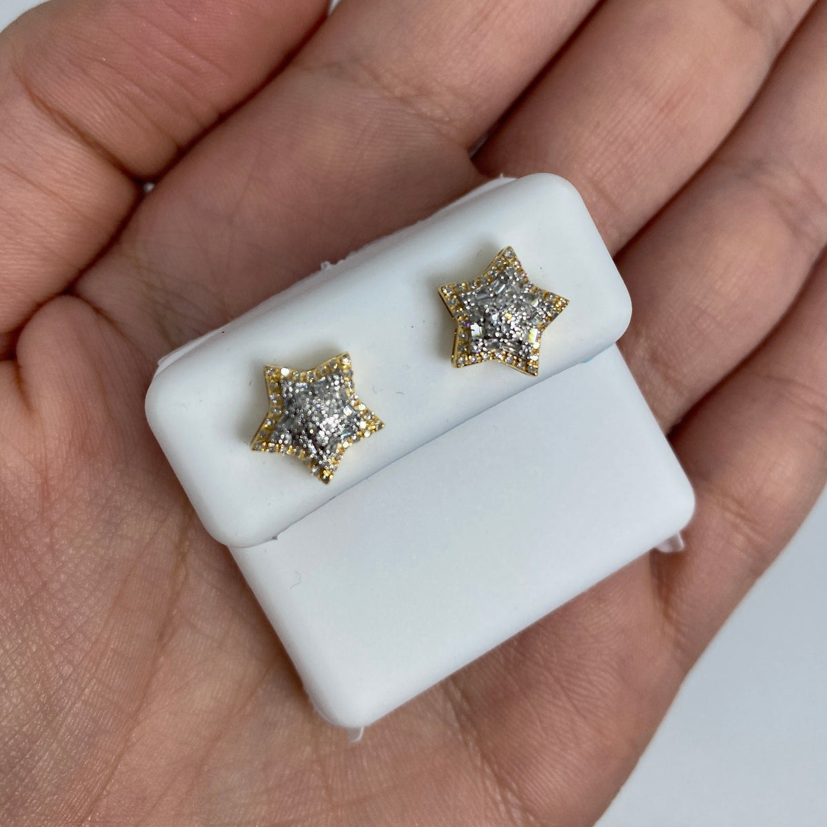 14K Gold 3D Star Diamond Earrings in yellow gold - close-up product photo