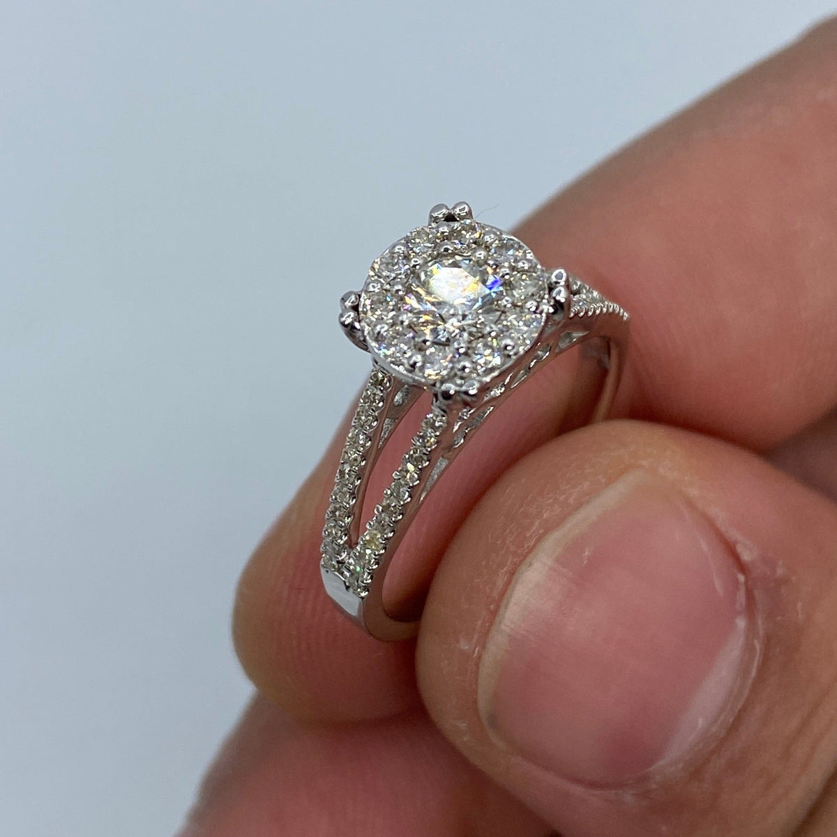 14K Gold Square Flower Diamond Engagement Ring in white gold - close-up product photo
