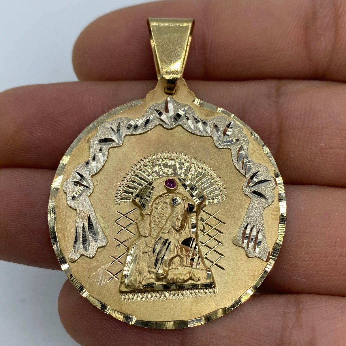14K Gold Saint Caridad Del Cobre Round Medallion Pendant 2.0 in - additional product view 2