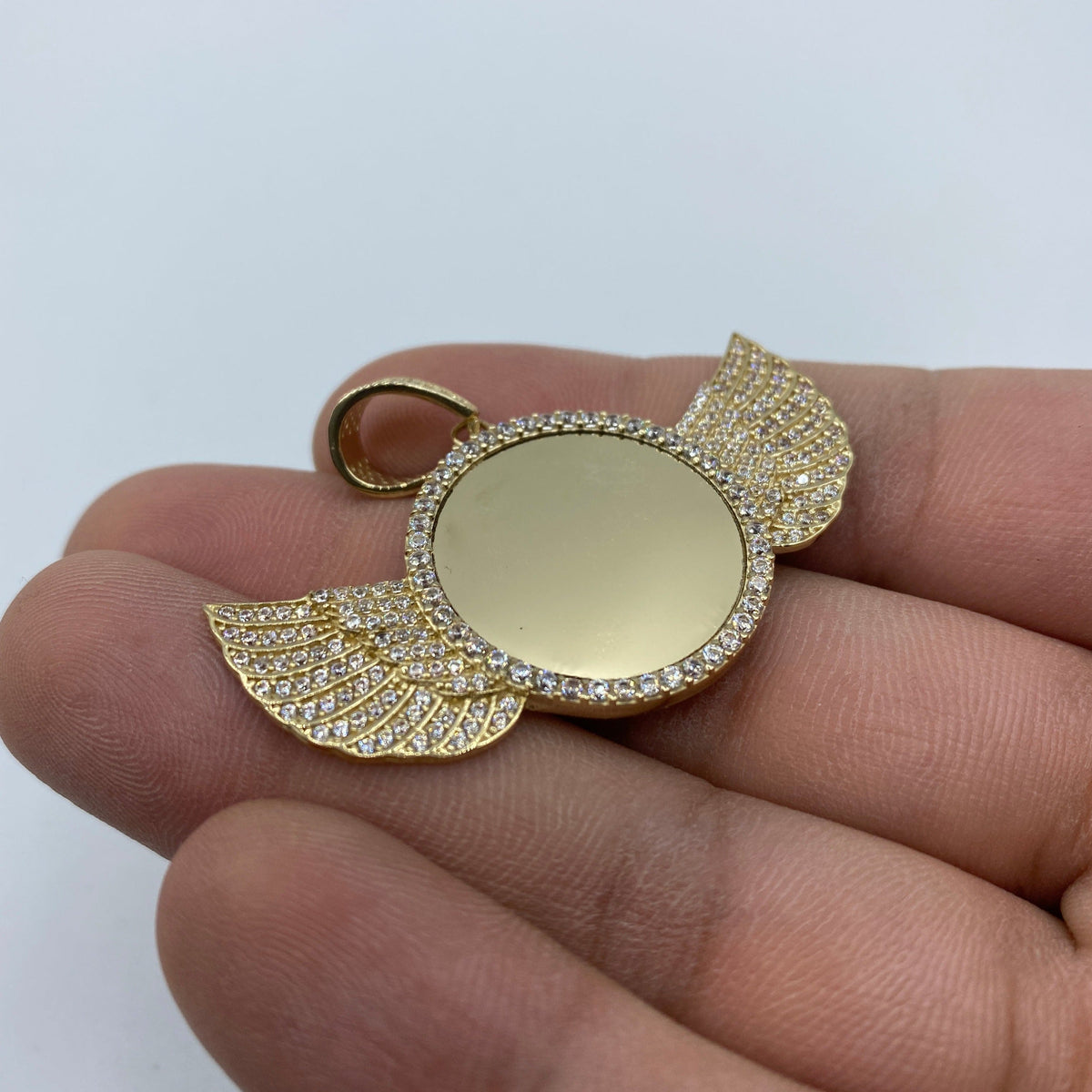 10K Gold Angel Wings Round Picture Photo CZ Pendant - additional product view 5