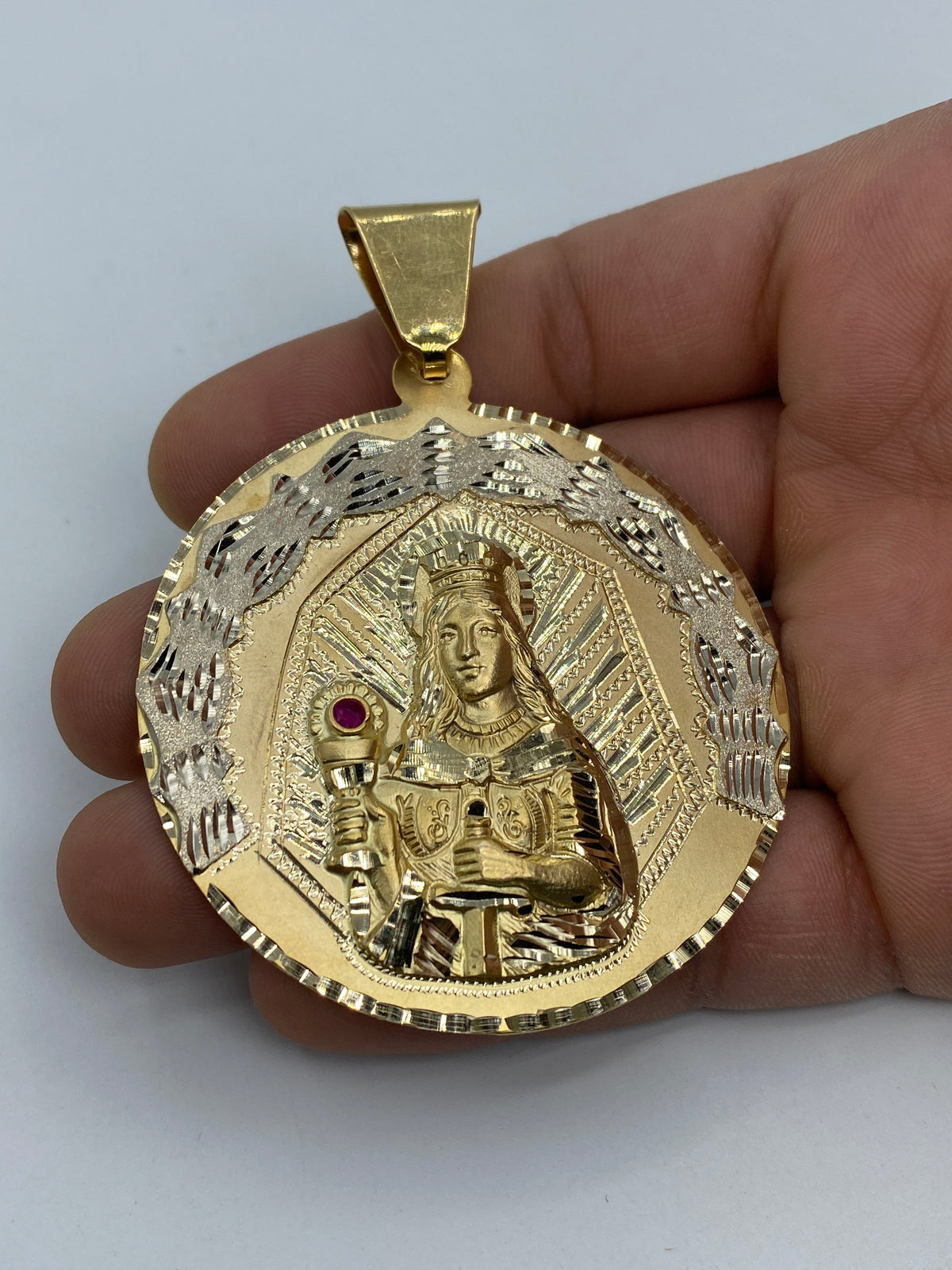 14K Gold Saint Barbara Round Medallion Pendant 3.25 in - additional product view 3