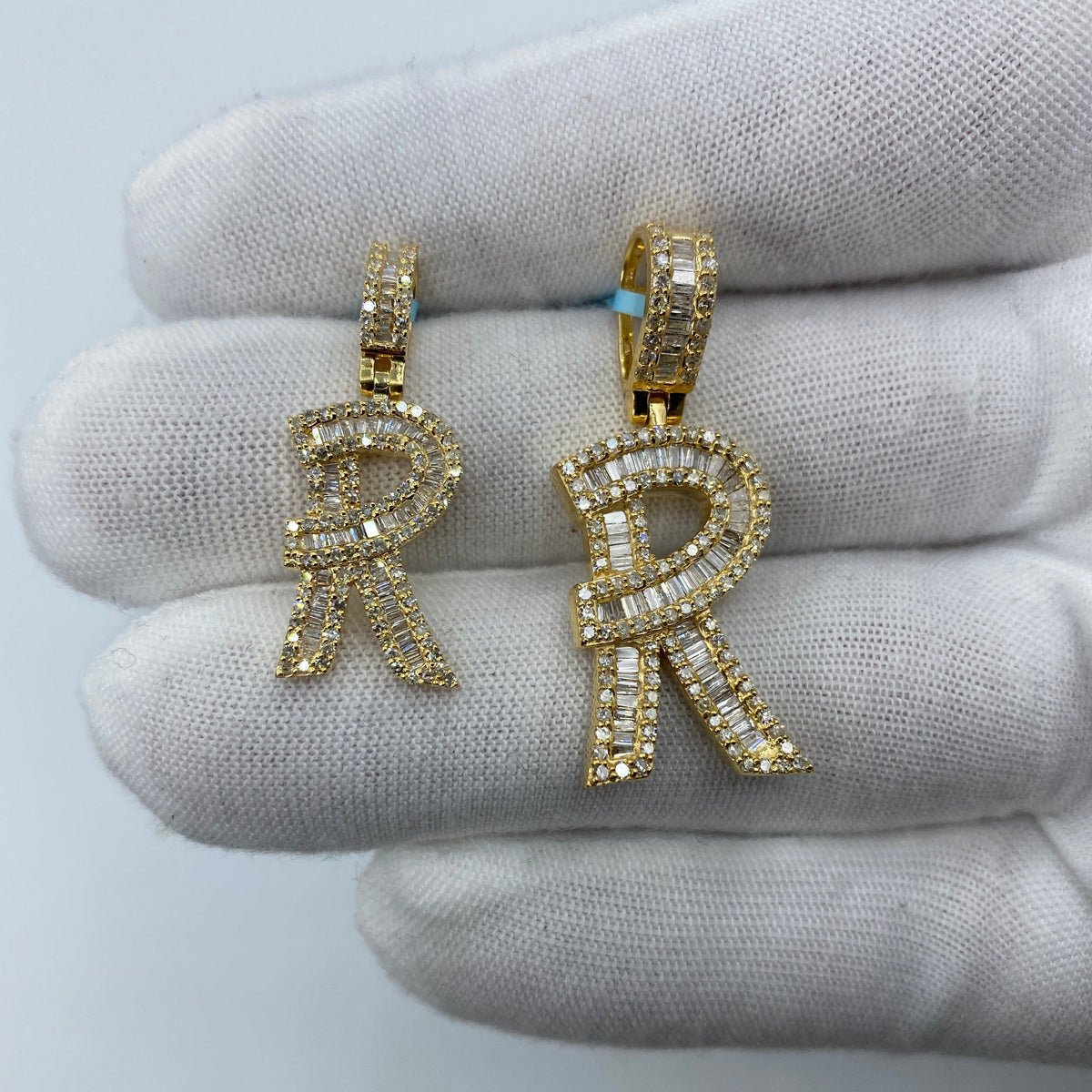 14K Gold Bamboo Initial Letter Diamond Baguette Pendants Full Collection in yellow gold, Small - close-up product photo