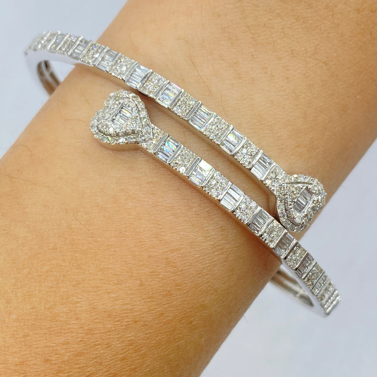 10K Gold/14K Heart Diamond Baguette Bangle Bracelet in white gold, 10K - close-up product photo