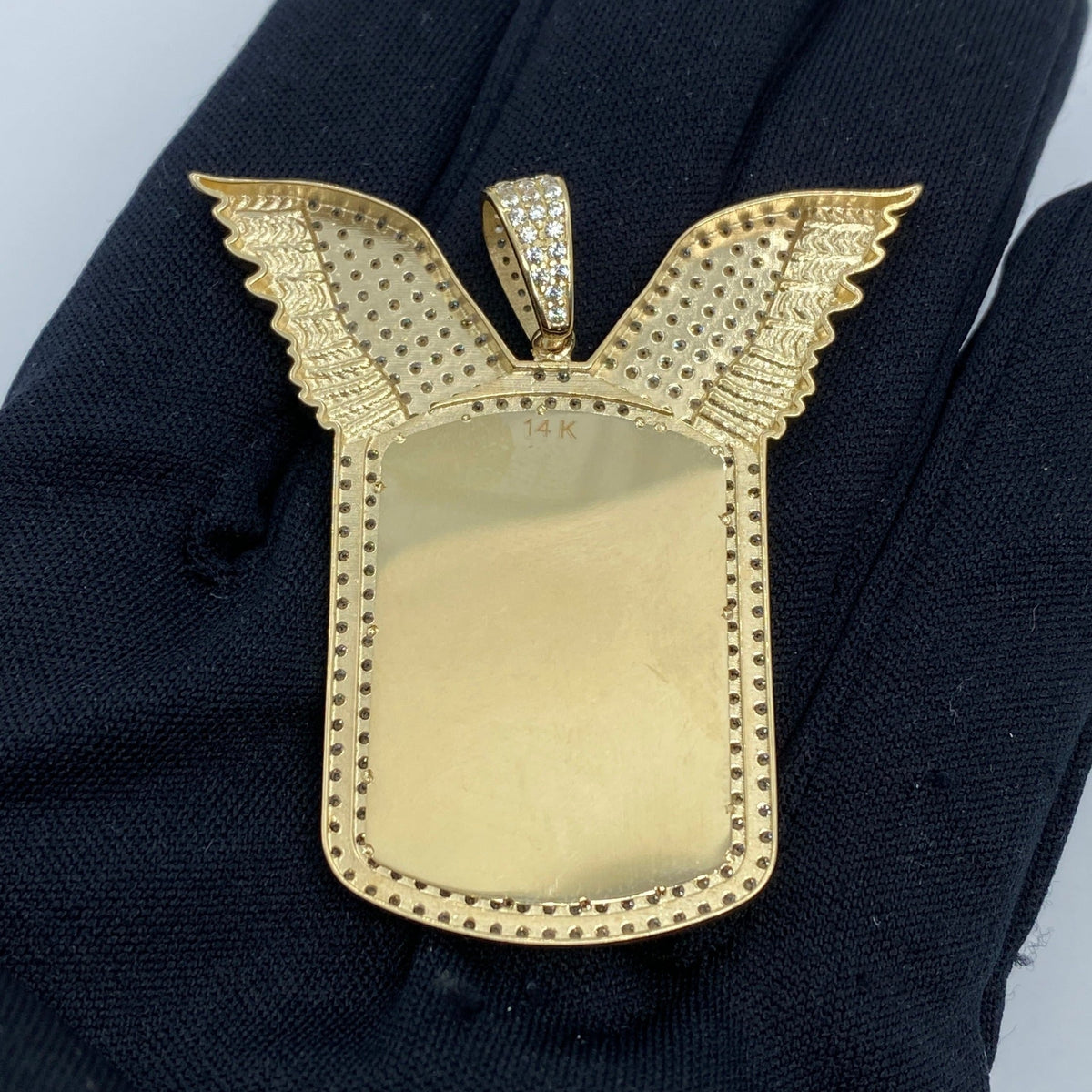 14K Gold Rectangle Angel Wings Picture Photo CZ Pendant - additional product view 4