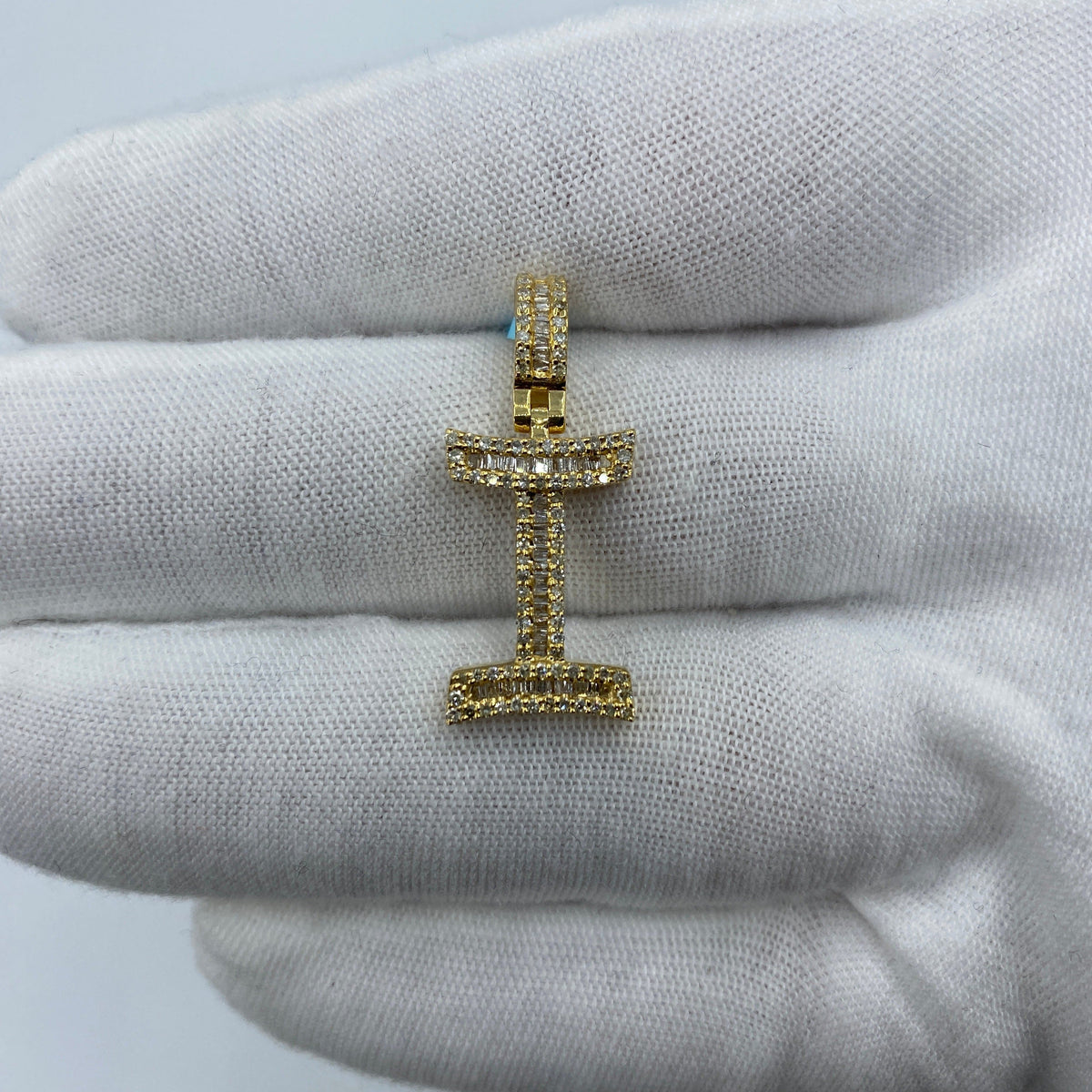 14K Gold Initial I Diamond Baguette Pendant in yellow gold, Small - close-up product photo
