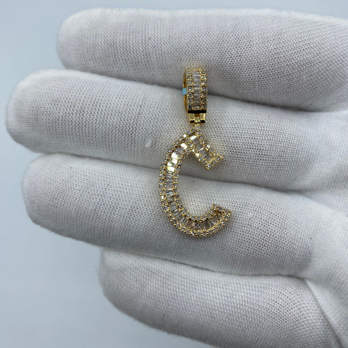 14K Gold Initial C Diamond Baguette Pendant in yellow gold, Large - close-up product photo