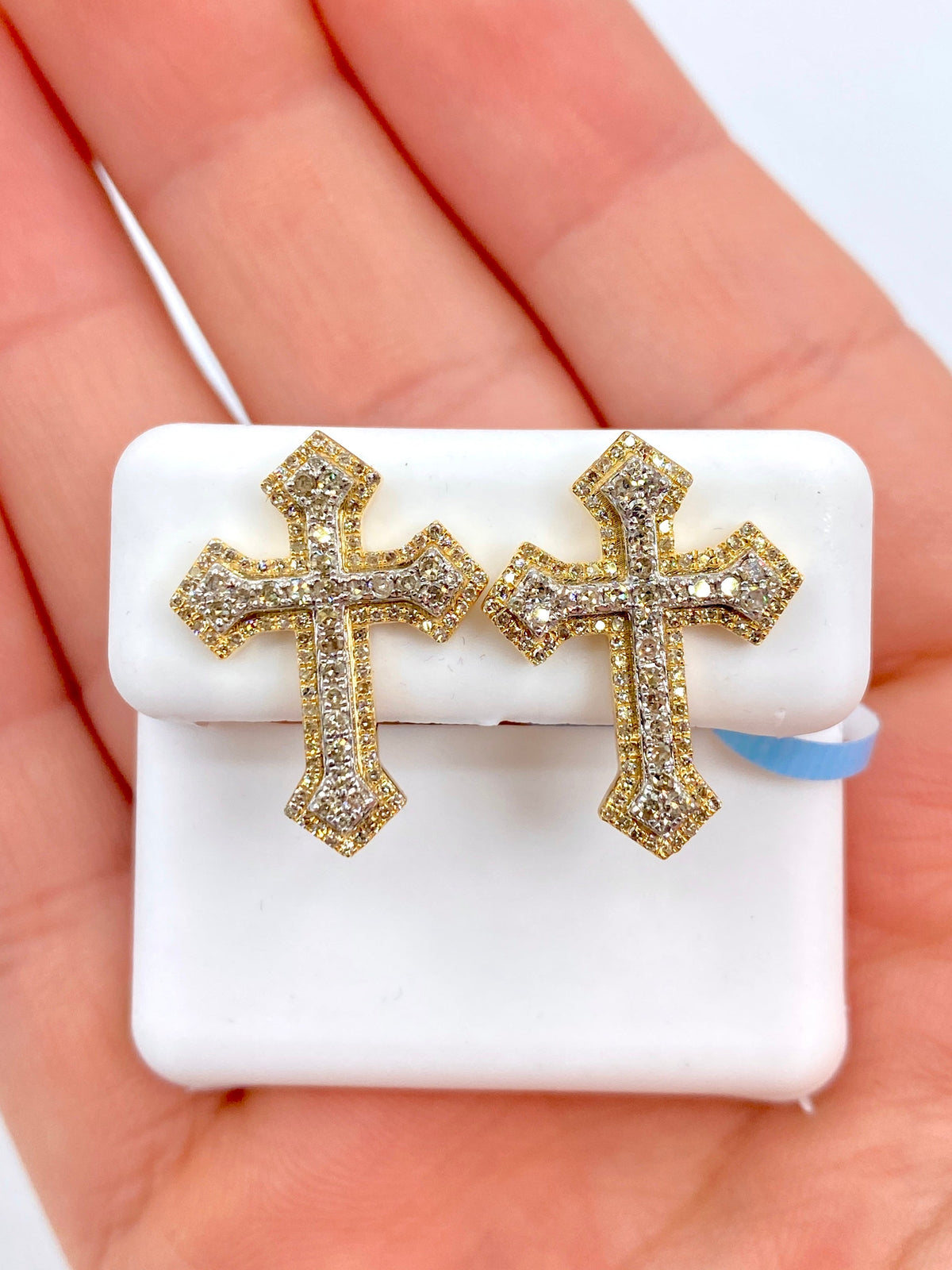 14K Gold Large Cross Diamond Earrings in yellow gold - close-up product photo