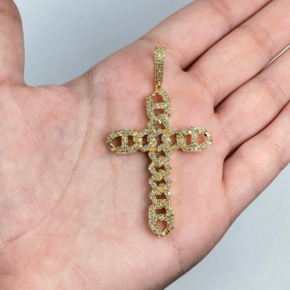 14K Gold Cuban Link Cross Diamond Pendant in yellow gold - close-up product photo