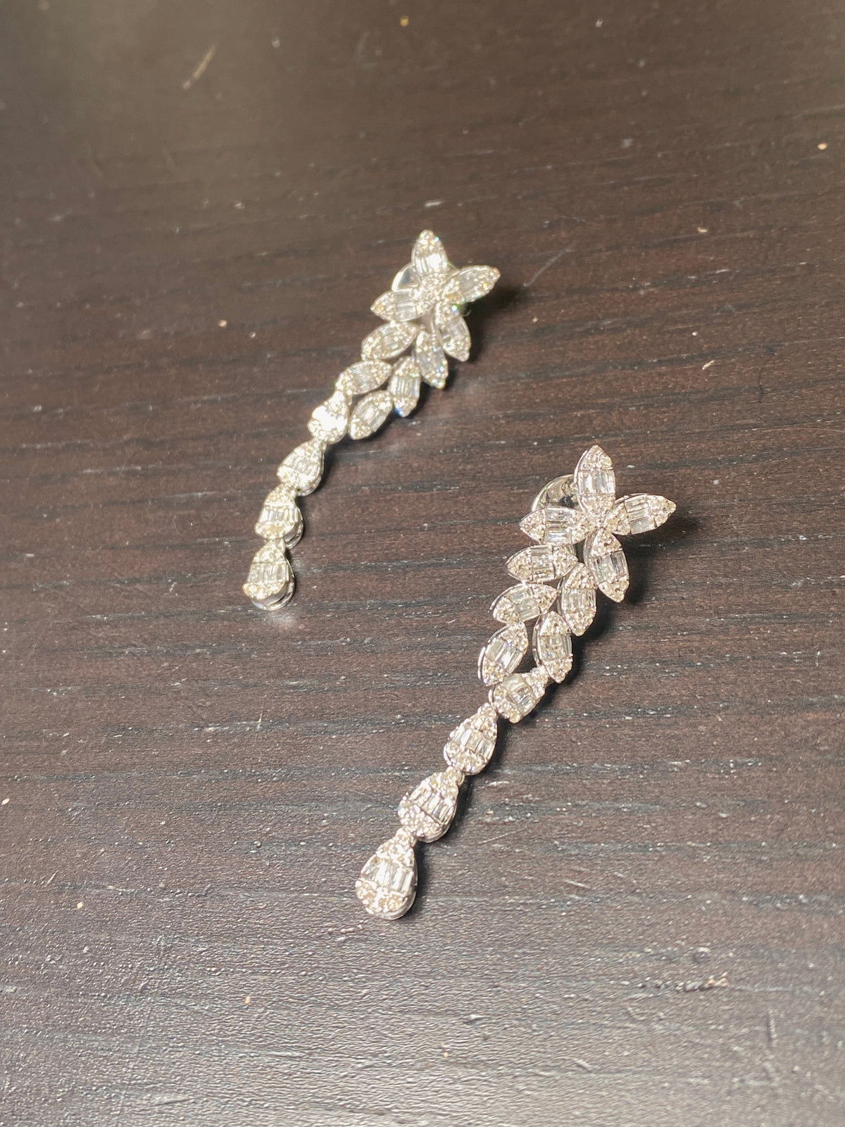 14K Gold Bridal Flower Baguette Hanging Diamond Earrings - additional product view 3