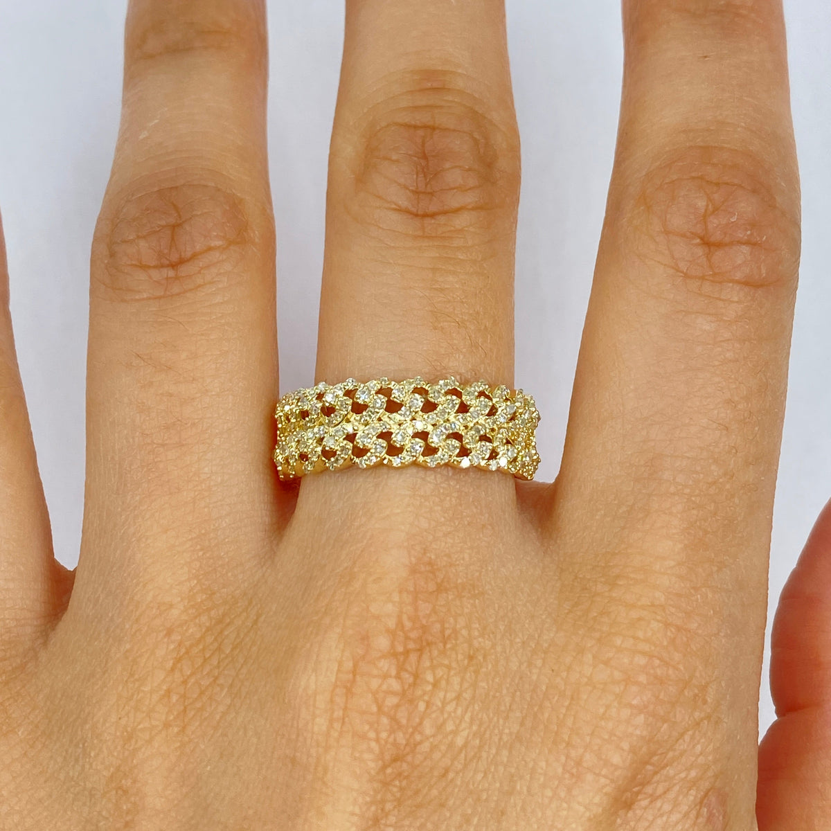 10K Gold Double Monaco Cuban Link Diamond Ring in yellow gold - close-up product photo