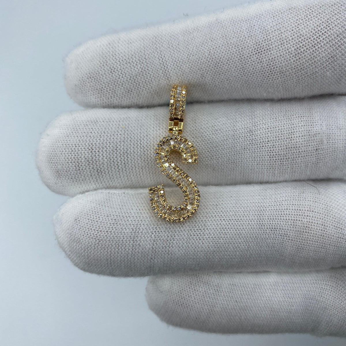 14K Gold Initial S Diamond Baguette Pendant in yellow gold, Small - close-up product photo