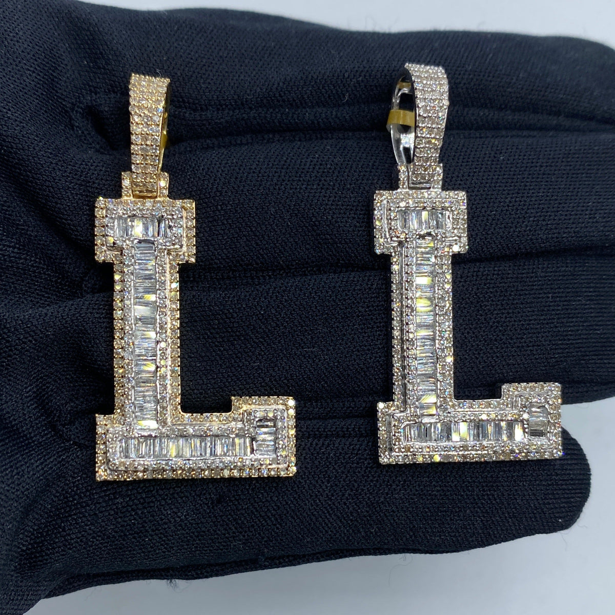 10K Gold Varsity Initial Letter Diamond Baguette Pendants Full Collection in yellow gold - close-up product photo