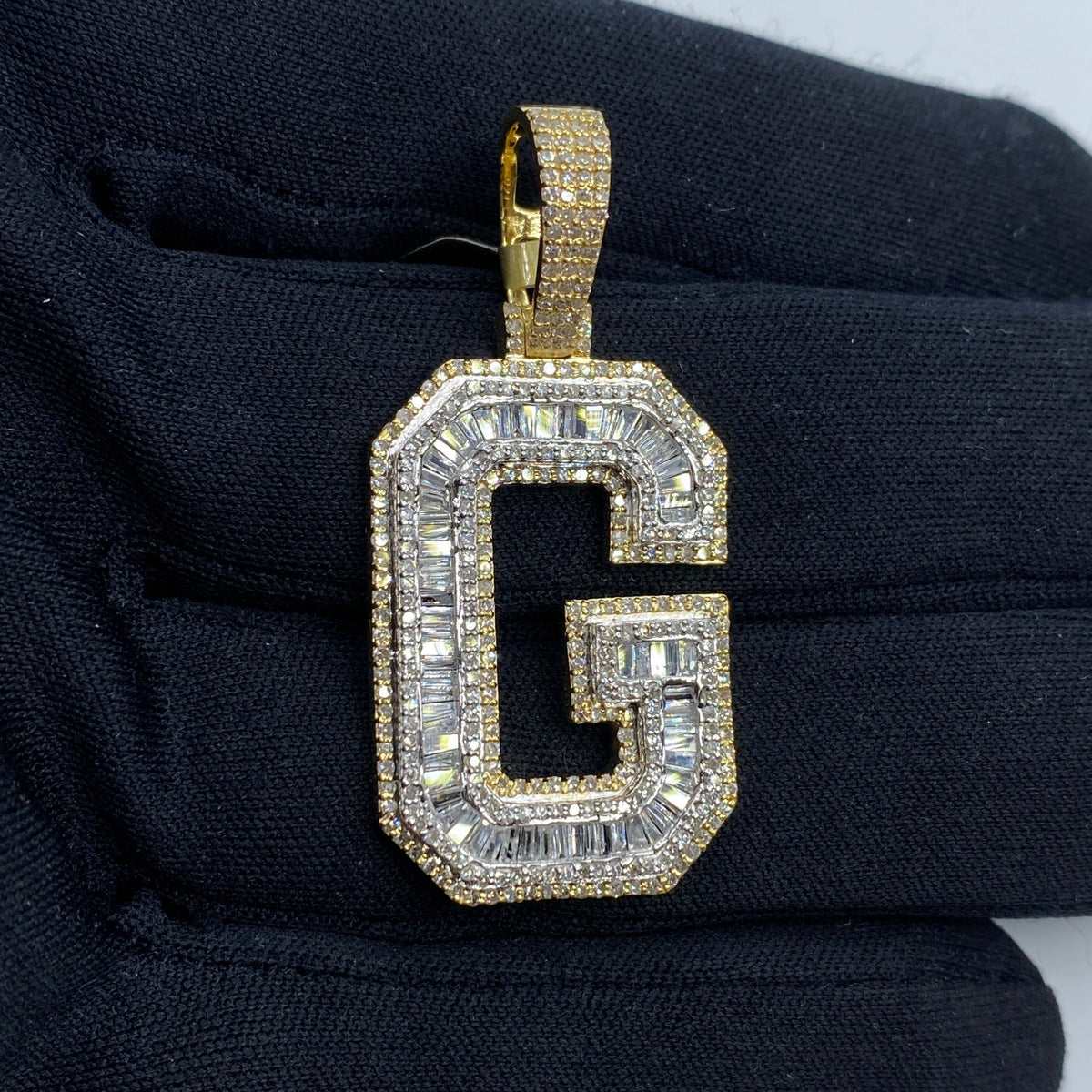 10K Gold Varsity Initial Letter Diamond Baguette Pendants Full Collection in yellow gold - close-up product photo