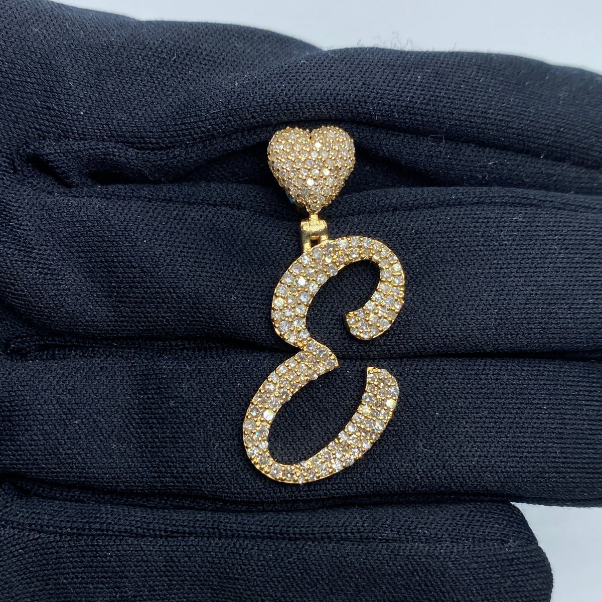 14K Gold Script Initial Letter Heart Diamond Pendants Full Collection in yellow gold - close-up product photo
