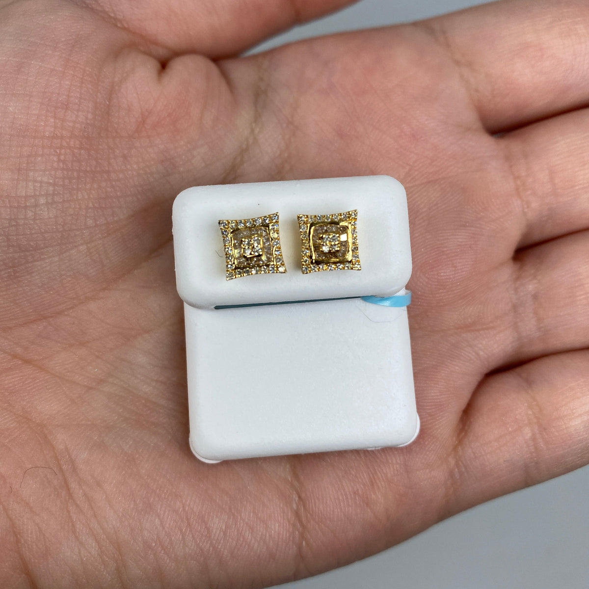 14K Gold Square Crown Diamond Baguette Stud Earrings in yellow gold - close-up product photo