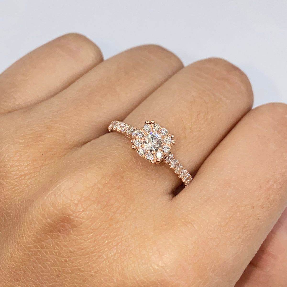 14K Gold Rosebud Halo Diamond Engagement Ring in rose gold, Large - close-up product photo