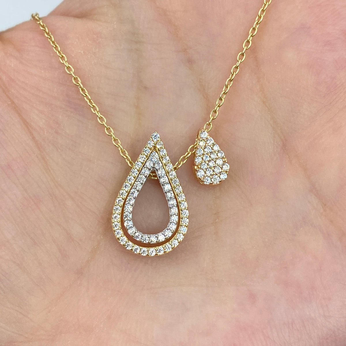 14K Gold 3 Tier Drip Drop Tear CZ Pendant Necklace - additional product view 3
