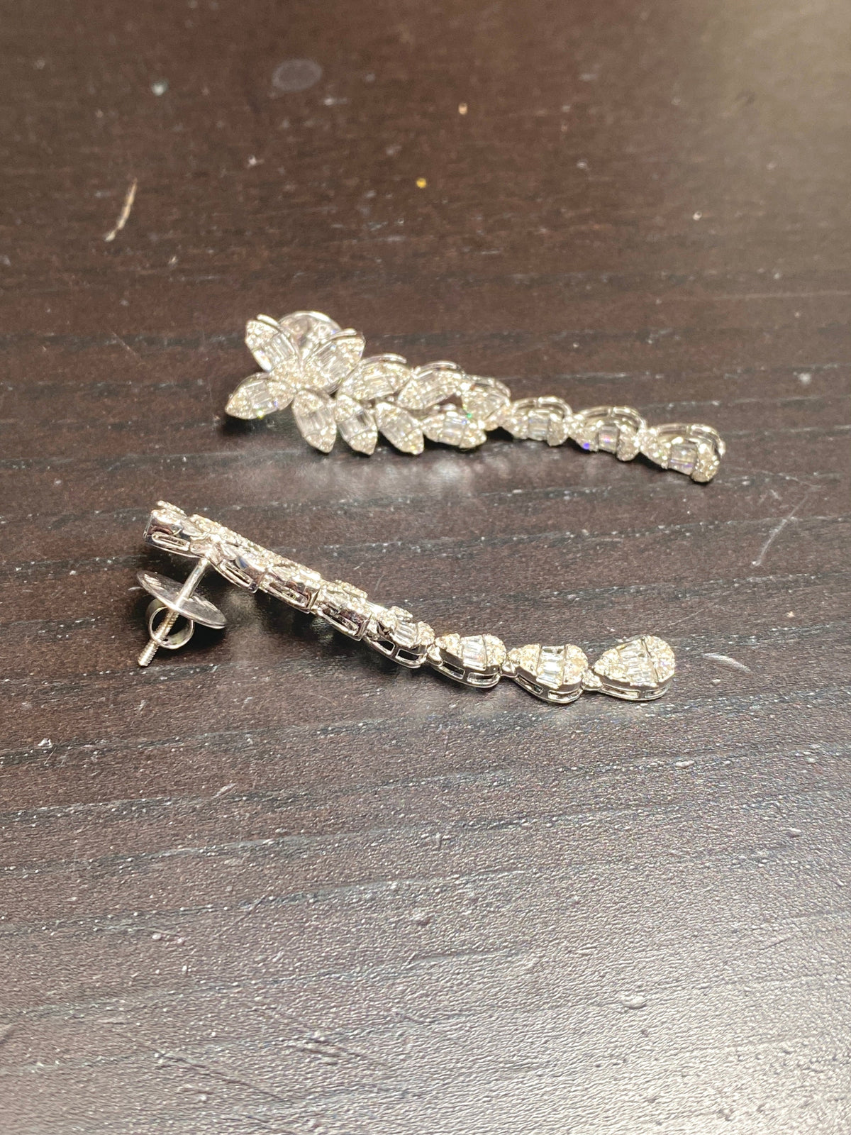 14K Gold Bridal Flower Baguette Hanging Diamond Earrings - additional product view 5