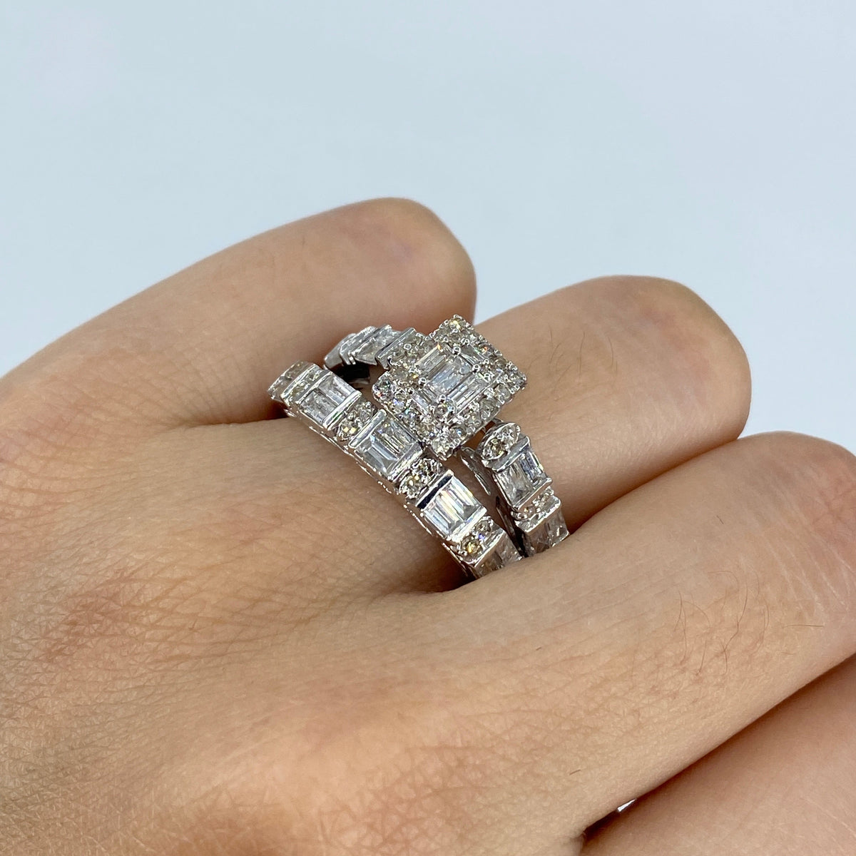 14K Gold Rectangle Diamond Baguette Engagement Ring in white gold - close-up product photo