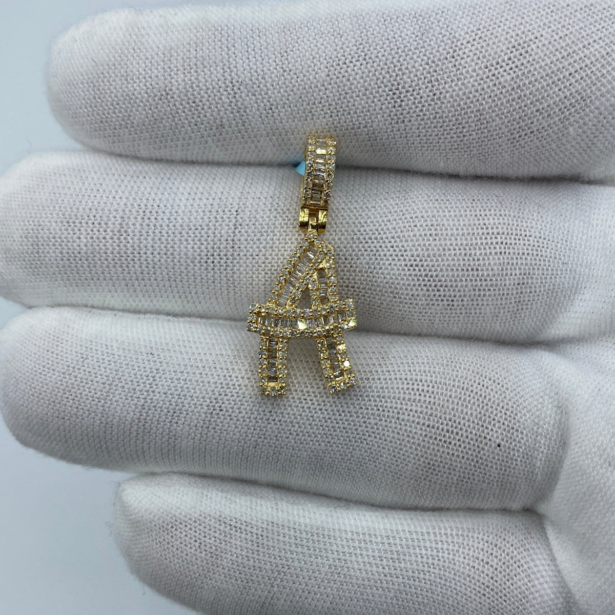 14K Gold Initial A Diamond Baguette Pendant in yellow gold, Small - close-up product photo