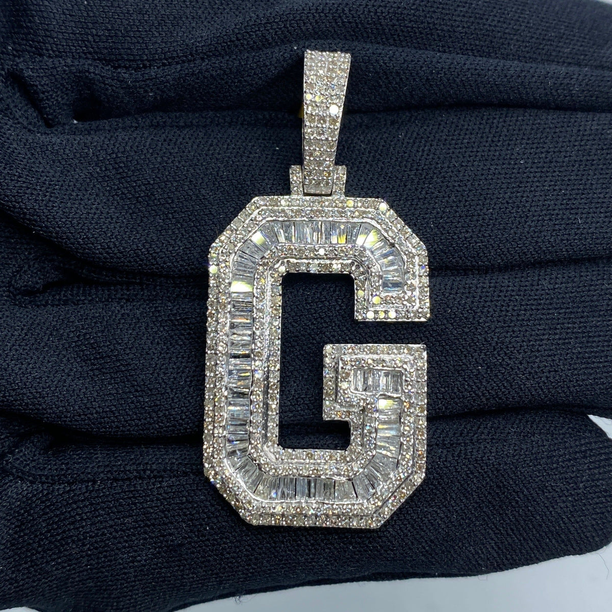 10K Gold Varsity Initial Letter Diamond Baguette Pendants Full Collection in white gold - close-up product photo
